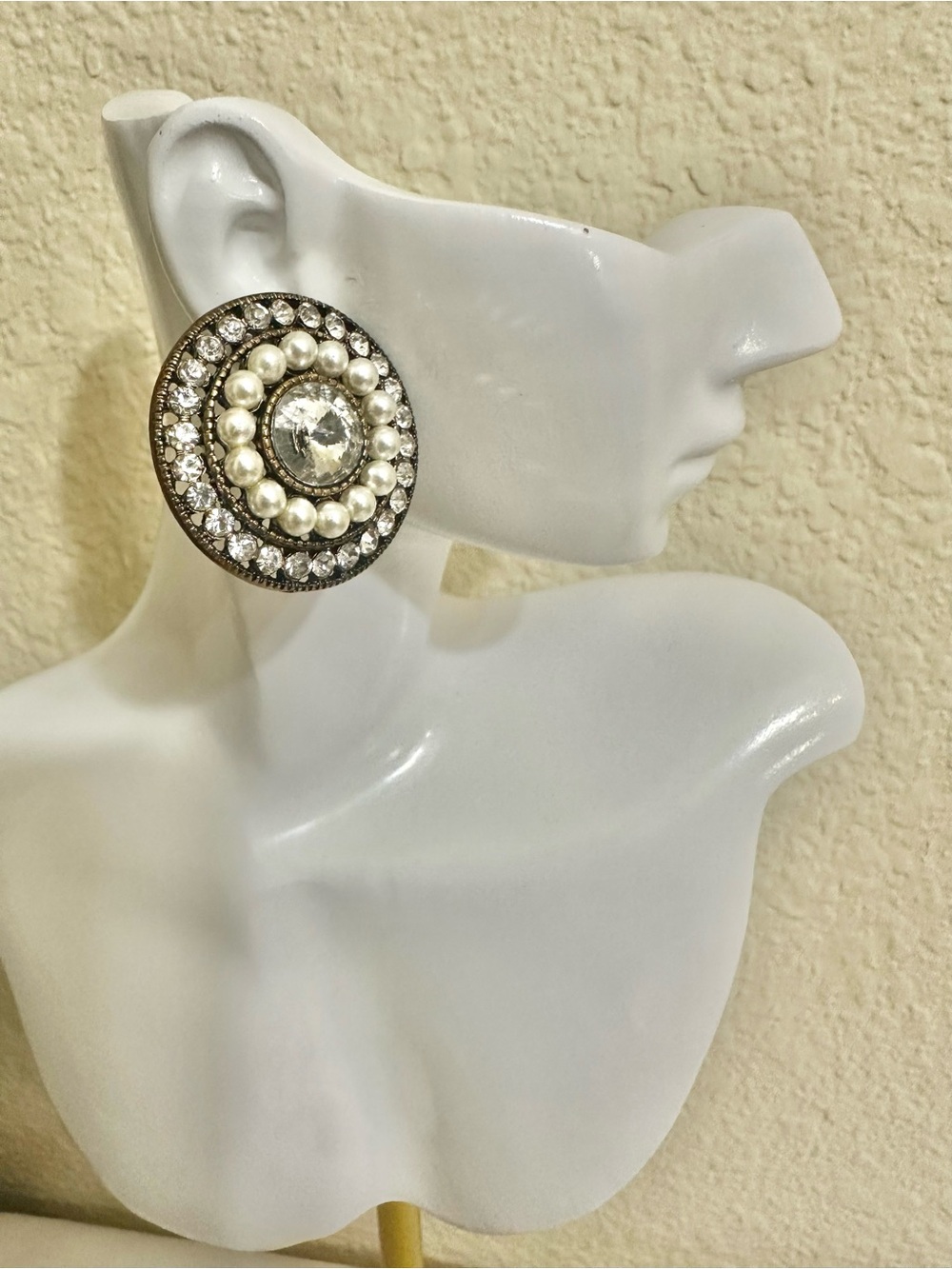Vintage Gold/Brass Tone Pearl & Crystal Round Button Earrings